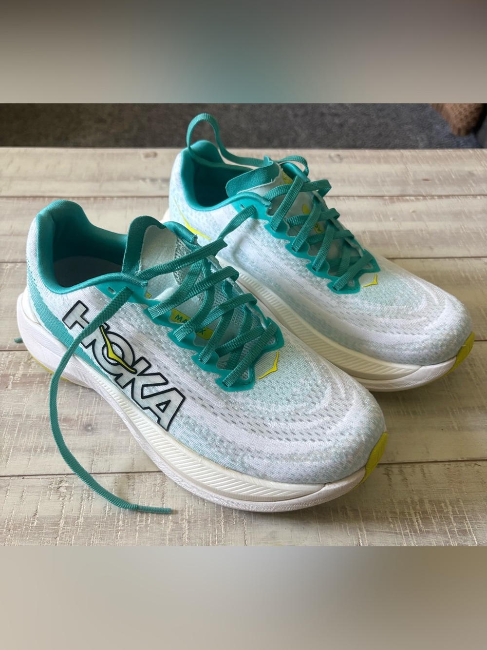 Hoka MACH X  White & Teal Running Shoe Label Detail